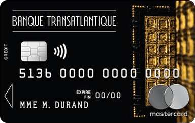 Carte CB Mastercard World Elite Transatlantique noire, motif doré, logo Banque Transatlantique