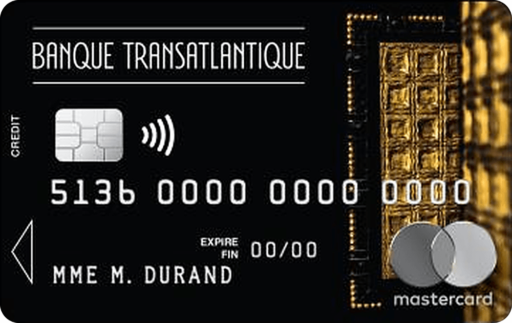 Carte CB Mastercard World Elite Transatlantique noire, motif doré, logo Banque Transatlantique