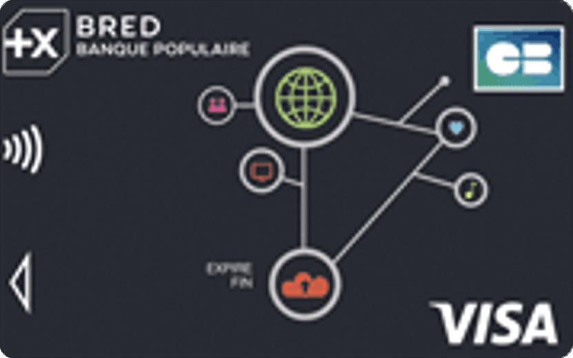 Carte Visa Bred one noire de la BRED Banque Populaire, illustrée d'un globe relié à des pictogrammes