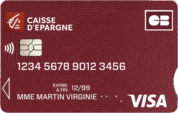 Carte Visa Caisse d'Épargne rouge, logos CB et Visa