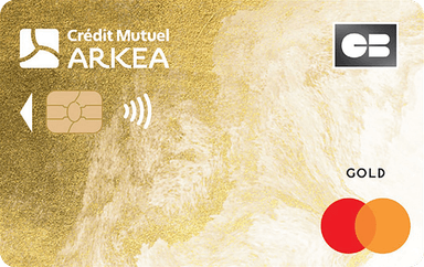 Carte CB Gold Mastercard dorée du Crédit Mutuel de Bretagne, logo Crédit Mutuel Arkéa