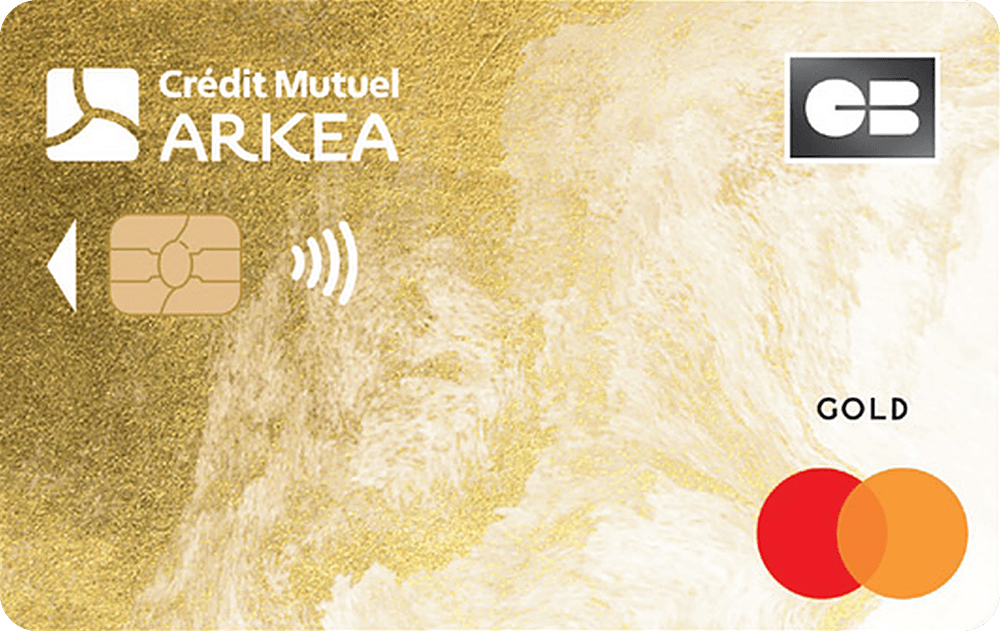 Carte CB Gold Mastercard dorée du Crédit Mutuel de Bretagne, logo Crédit Mutuel Arkéa