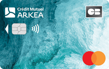 Carte CB Mastercard Standard du Crédit Mutuel de Bretagne, motif turquoise, logo Crédit Mutuel Arkéa