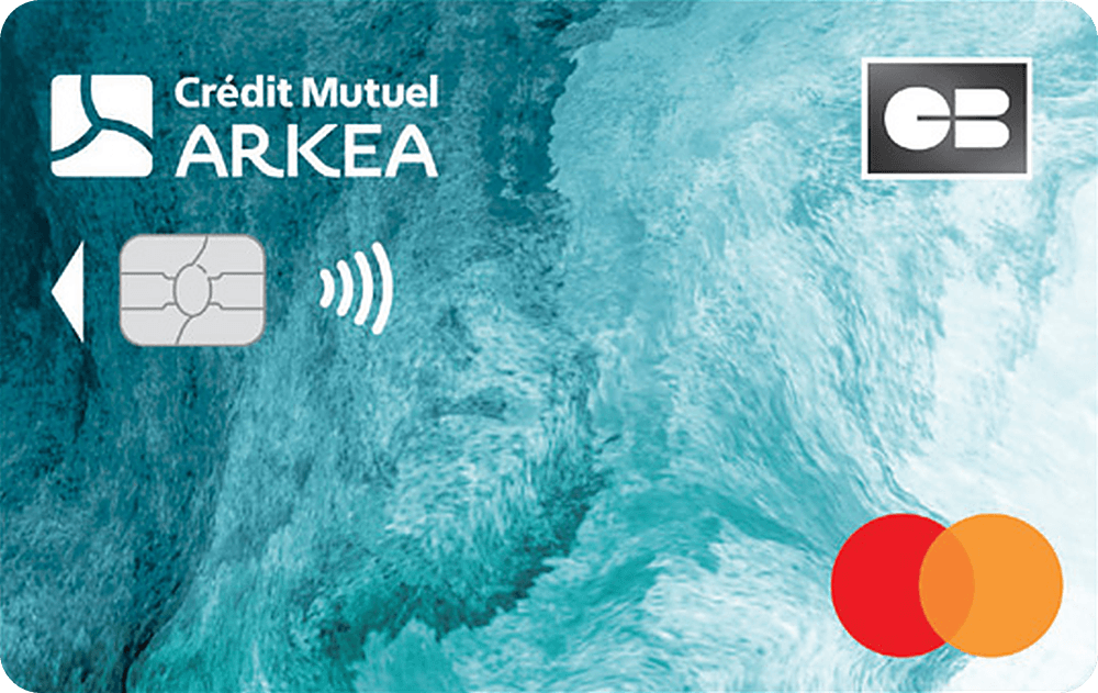 Carte CB Mastercard Standard du Crédit Mutuel de Bretagne, motif turquoise, logo Crédit Mutuel Arkéa