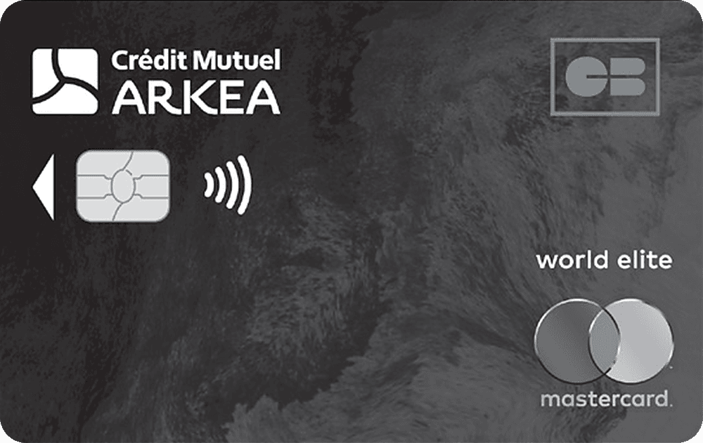 Carte CB World Elite Mastercard noire du Crédit Mutuel de Bretagne, logo Crédit Mutuel Arkéa