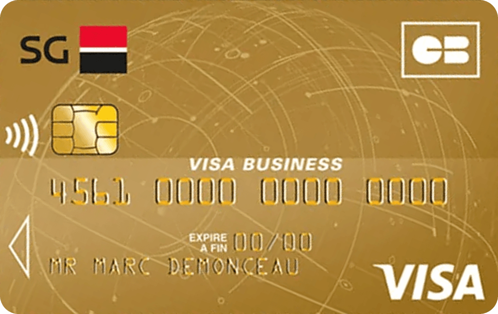 Carte SG CB Visa Gold Business dorée, motif de globe, logos CB et Visa