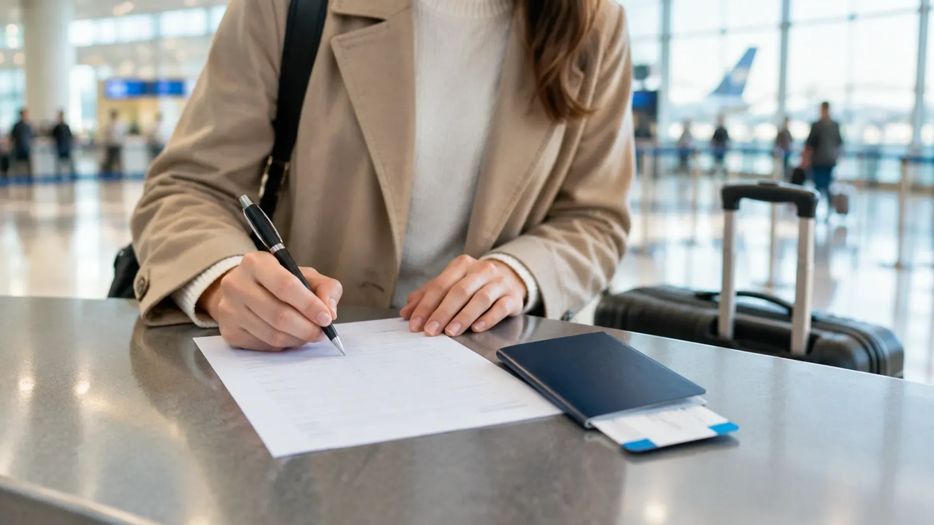 Mains d'un voyageur signant un formulaire sur un comptoir d'enregistrement d'aéroport, à côté d'un passeport et d'une carte d'embarquement