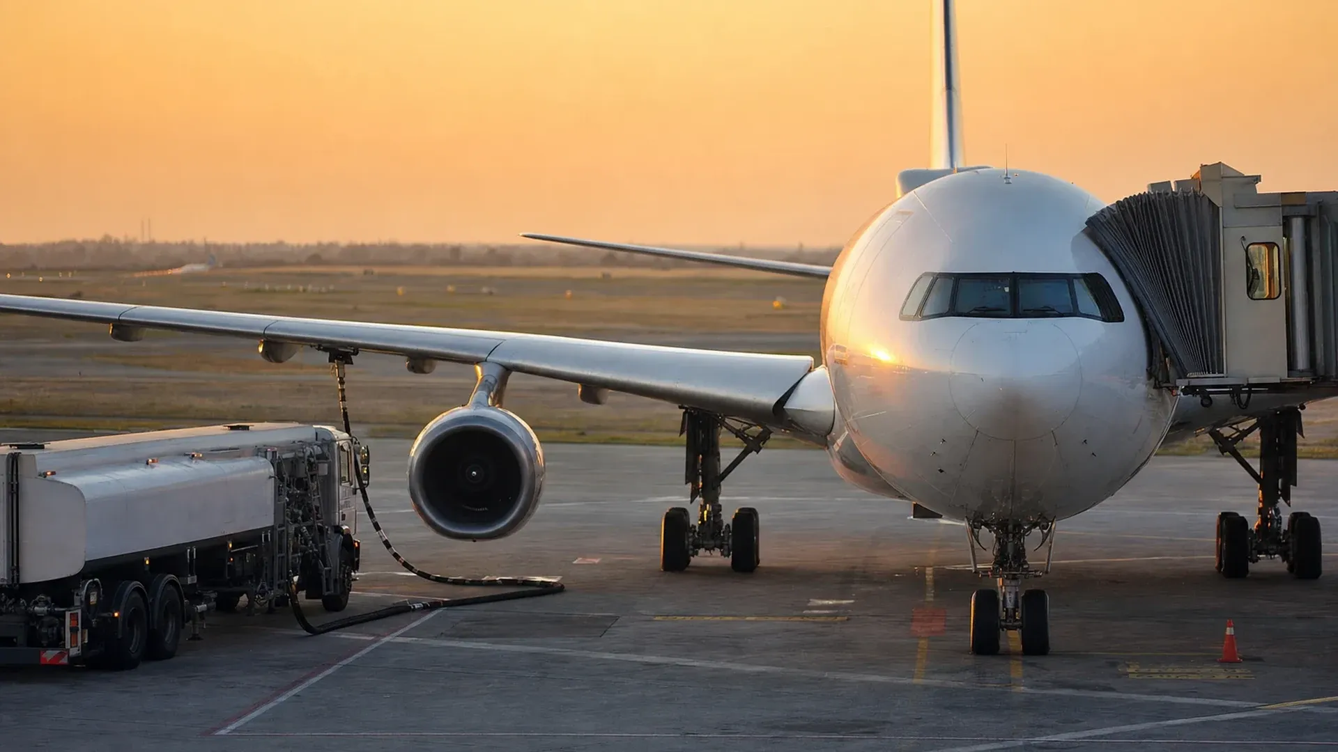 Avion de ligne en cours d'avitaillement en kérosène par un camion-citerne sur le tarmac au coucher du soleil