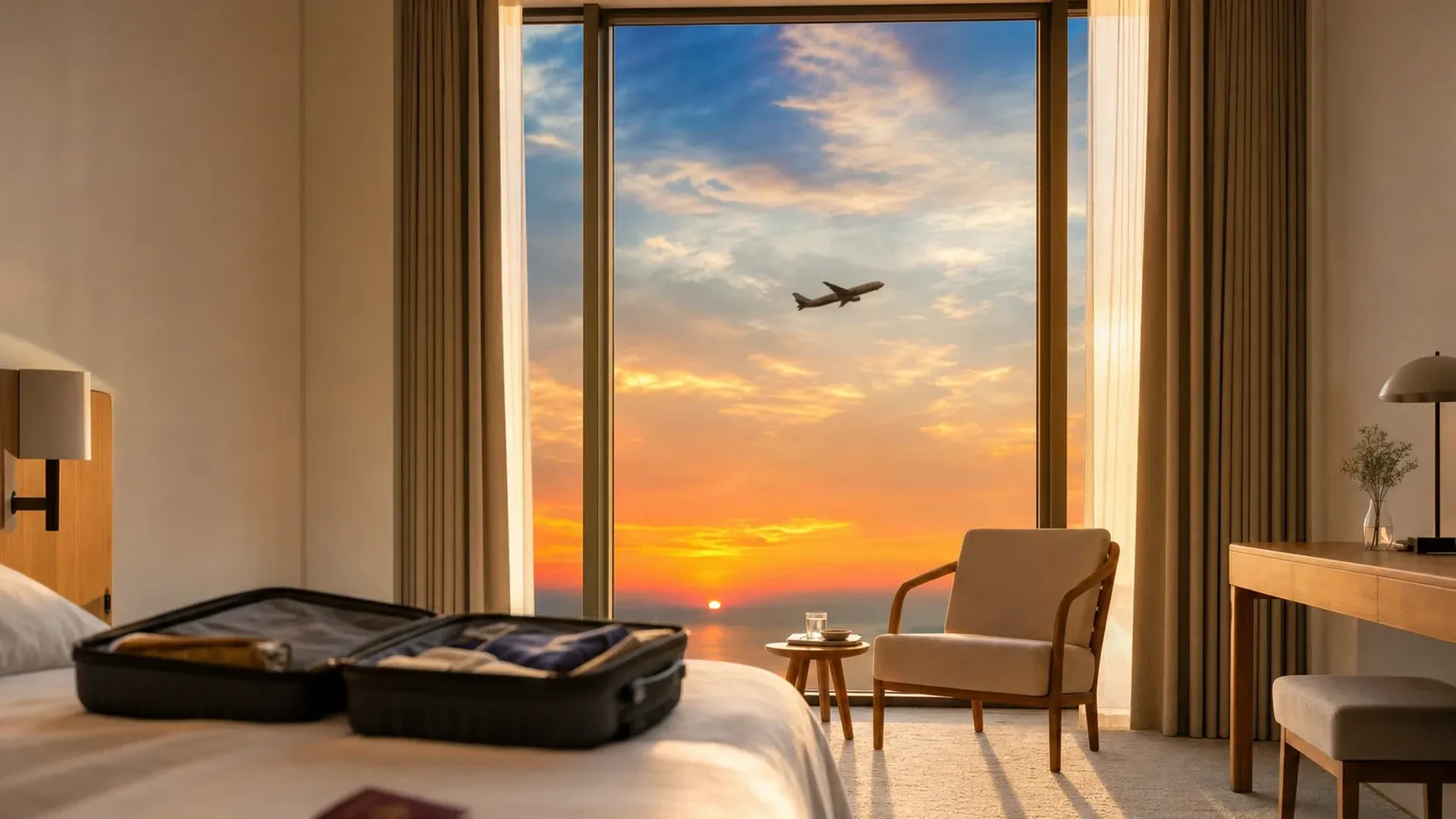 Chambre d'hôtel au coucher du soleil, valises ouvertes et avion de ligne vu par la baie vitrée