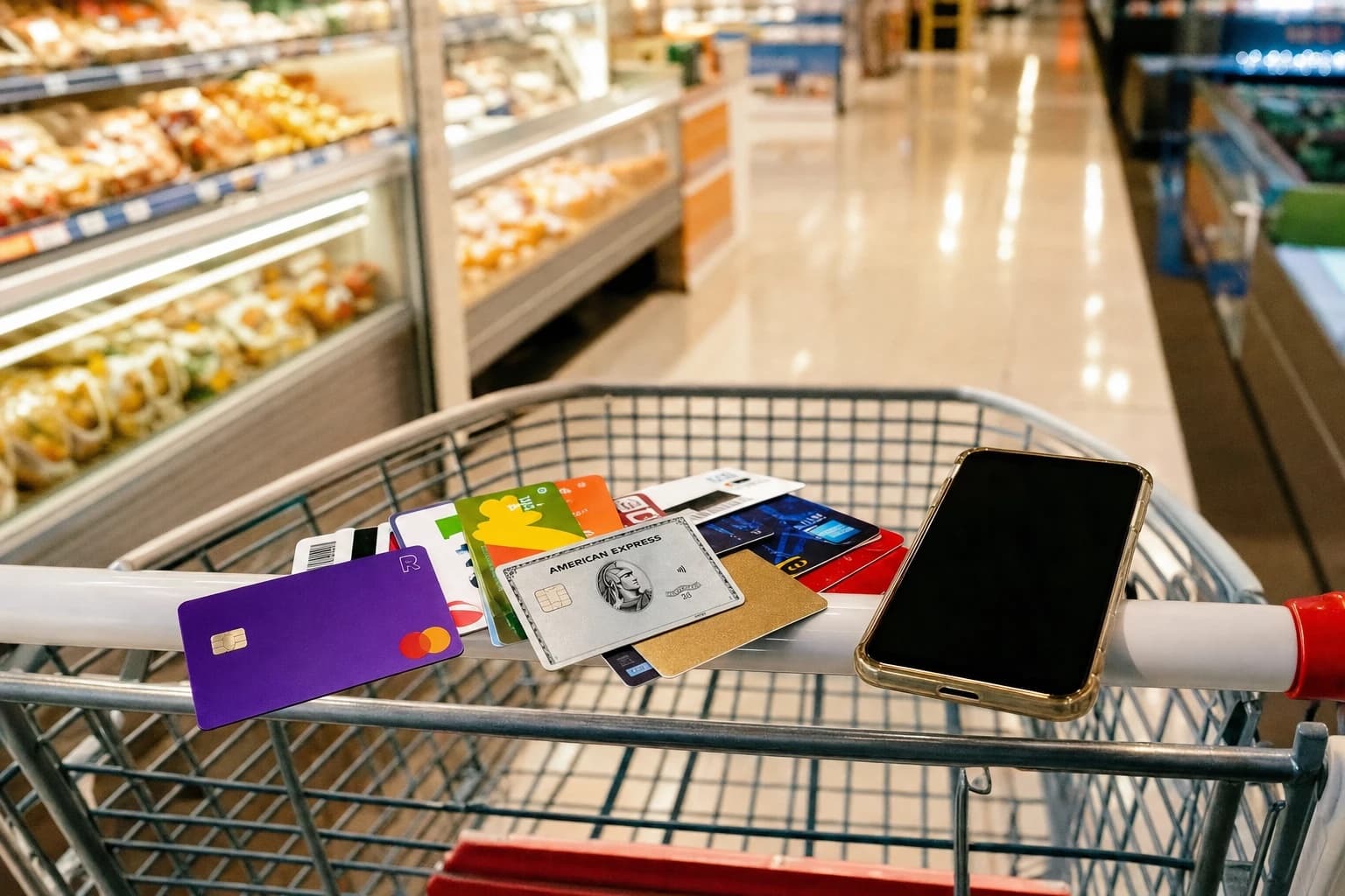 Cartes de fidélité, carte American Express, carte Revolut et smartphone posés sur un caddie dans une allée de supermarché