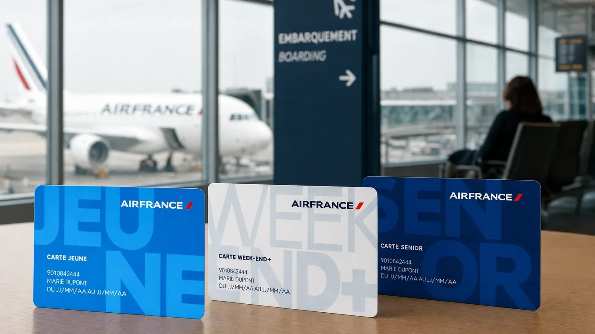 Les trois cartes de réduction Air France, Jeune, Week-End + et Senior, posées sur une table face à une porte d'embarquement