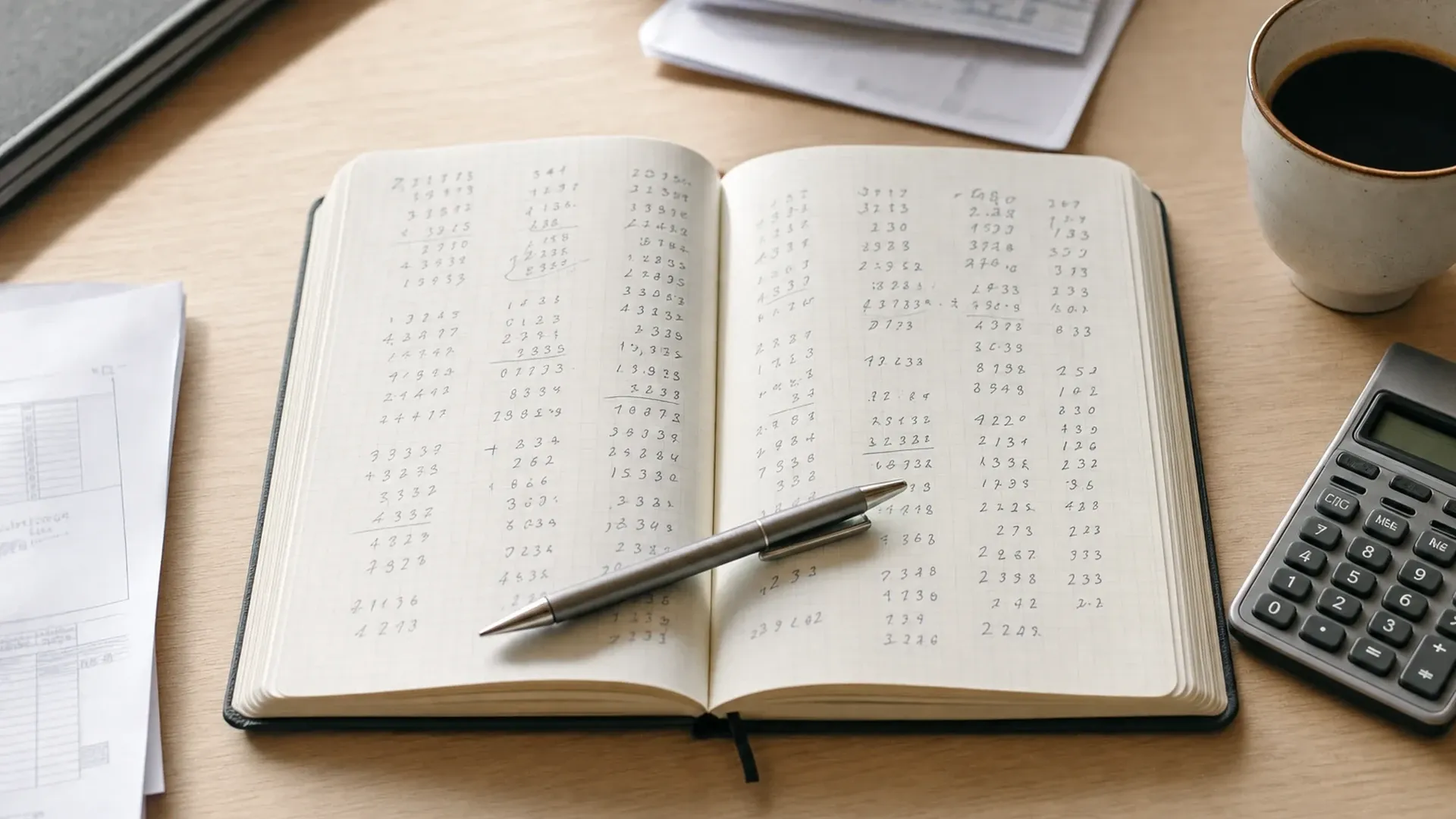 Un carnet quadrillé ouvert sur des colonnes de calculs manuscrits, un stylo posé en travers, une calculatrice et une tasse de café sur un bureau en bois clair