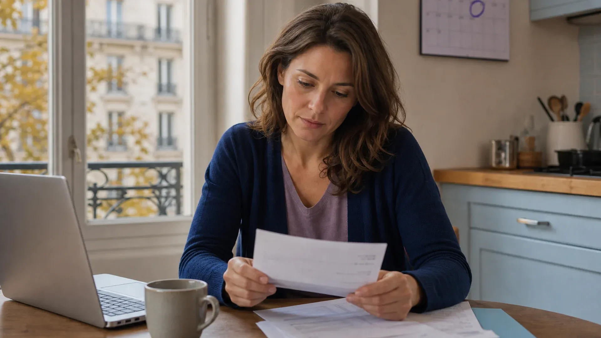 Femme assise à la table de sa cuisine dans un appartement parisien, relisant un relevé papier à côté d'un ordinateur portable et d'une tasse de café, un calendrier mural avec une date entourée en arrière-plan