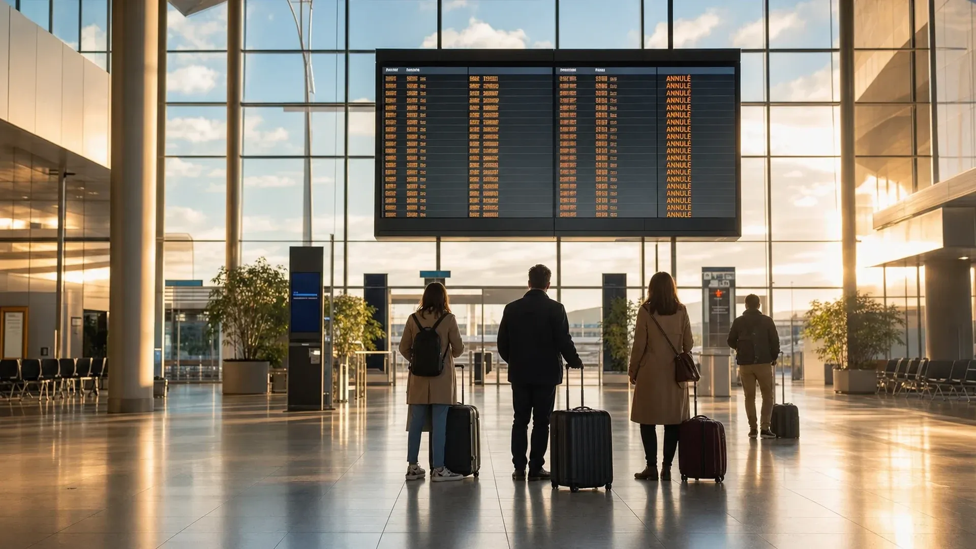 Voyageurs avec leurs valises devant un tableau d'affichage d'aéroport où les vols sont annulés