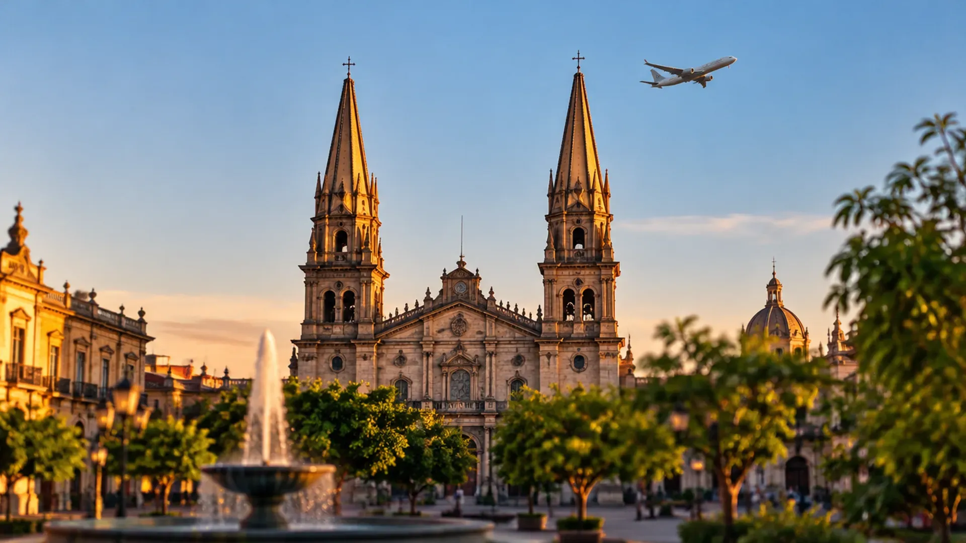 Les deux flèches de la cathédrale de Guadalajara au coucher du soleil, avec un avion long-courrier qui traverse le ciel bleu au-dessus de la place