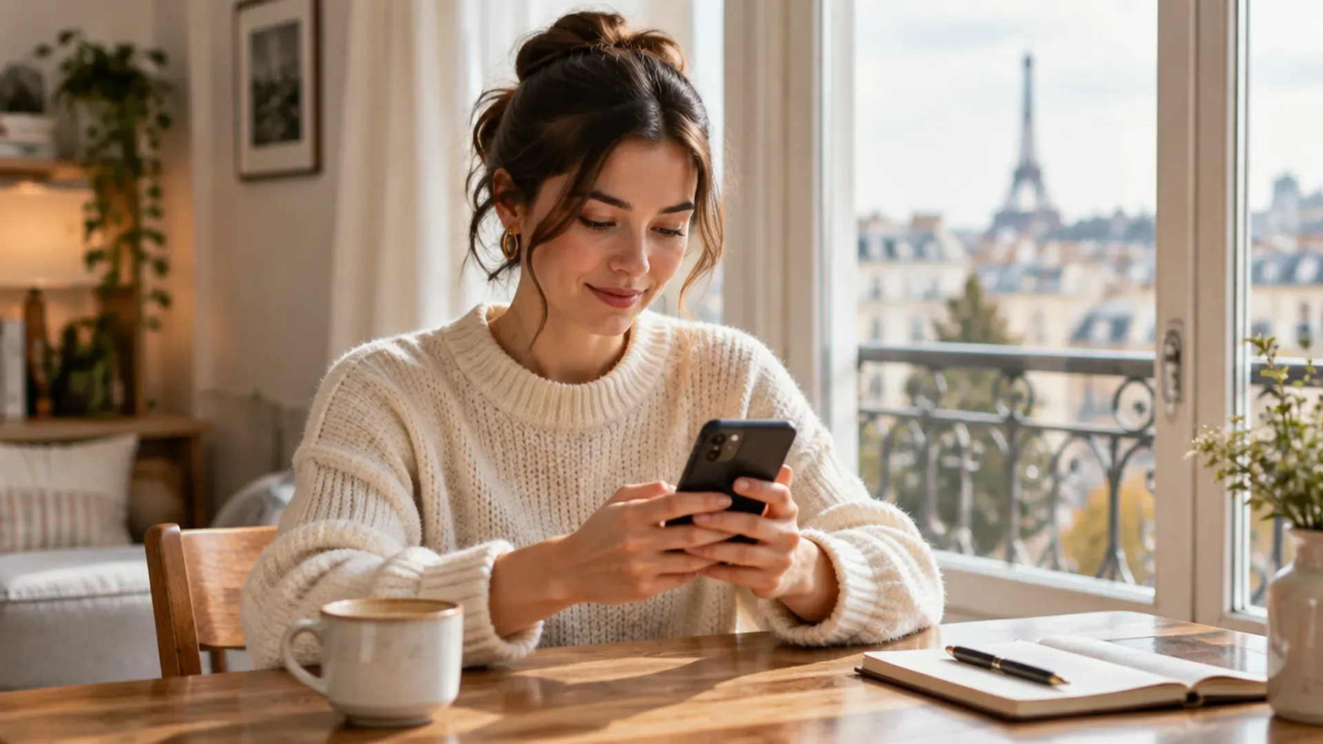 Personne assise à une table en bois près d'une fenêtre, un smartphone à la main, avec une tasse de café et un carnet