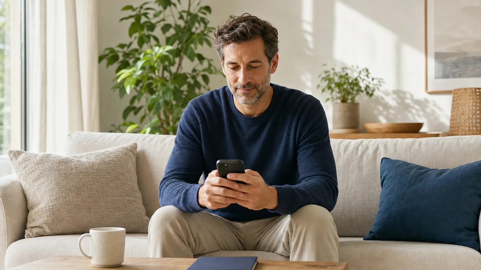Homme consultant son épargne sur son smartphone, assis dans son salon