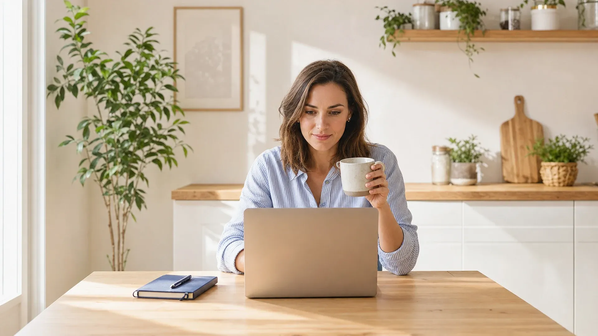 Femme consultant son compte d'épargne en ligne sur un ordinateur portable dans sa cuisine