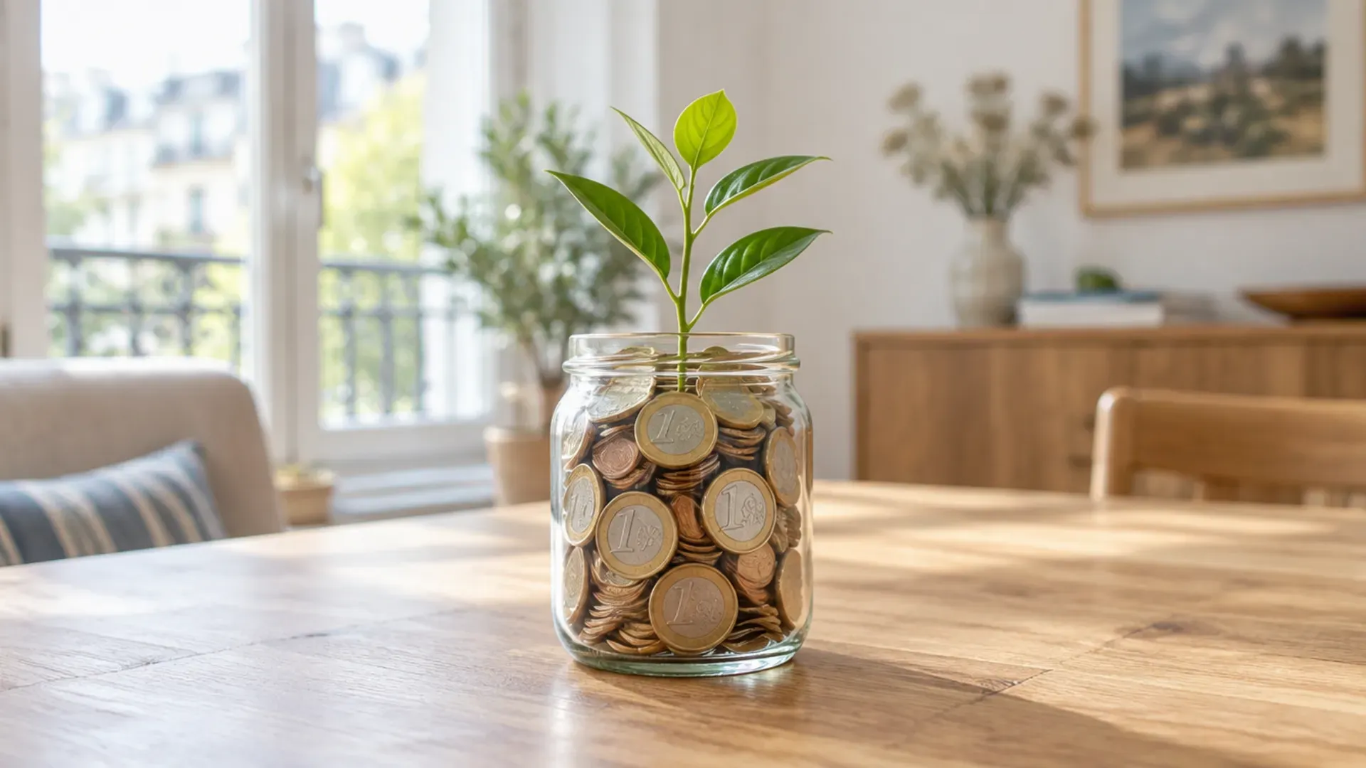 Bocal en verre rempli de pièces en euros d'où sort une jeune pousse verte, posé sur une table en bois près d'une fenêtre