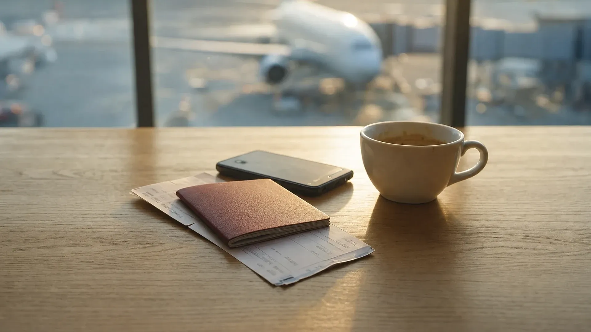 Passeport, carte d'embarquement, smartphone et tasse de café sur une table d'aéroport, avion visible à travers la baie vitrée