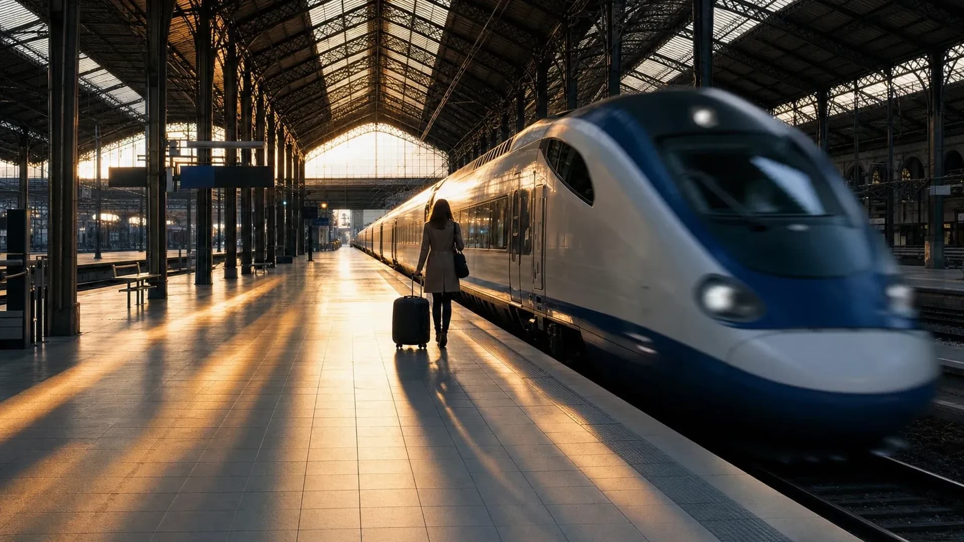 Voyageuse avec une valise cabine marchant sur le quai d'une gare à verrière, le long d'un train à grande vitesse