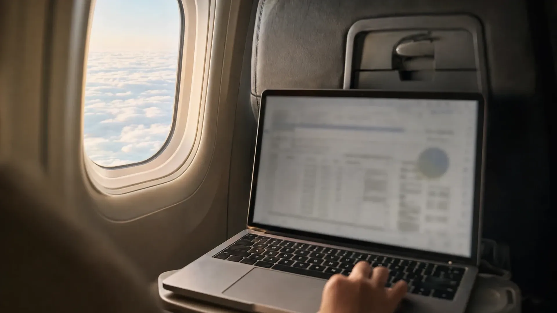 Un ordinateur portable ouvert sur la tablette d'un siège d'avion, à côté d'un hublot qui donne sur une mer de nuages