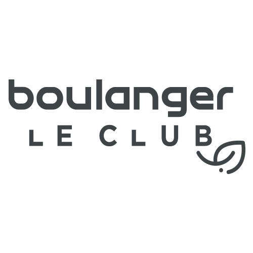Logo gris du programme de fidélité Boulanger Le Club avec un symbole de feuille stylisée.