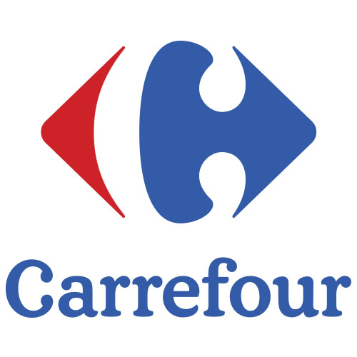 Logo de Carrefour avec symbole rouge et bleu formant un C stylisé sur fond blanc.