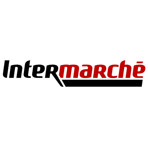 Logo Intermarché avec texte noir et rouge sur fond transparent, typographie inclinée et bande noire dessous.