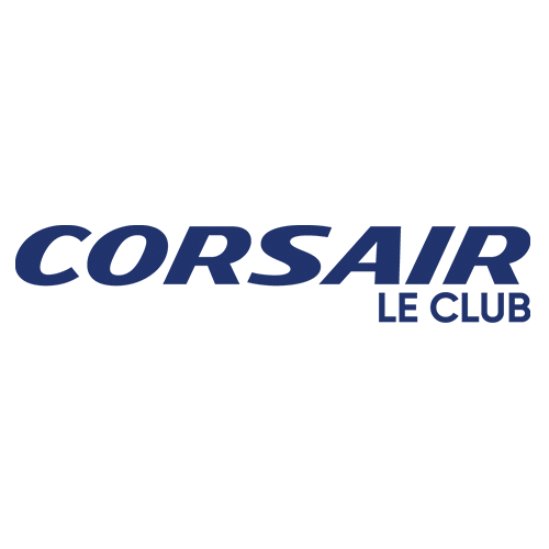 Logo bleu du programme de fidélité Club Corsair avec texte blanc sur fond transparent.