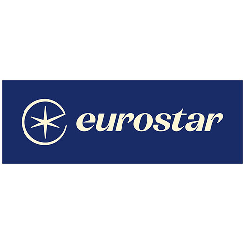 Logo Eurostar bleu avec texte blanc en lettres cursives et symbole d'étoile stylisé à gauche.