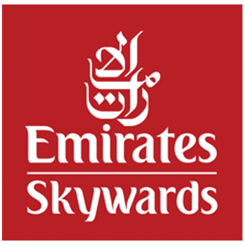 Logo rouge avec texte blanc « Emirates Skywards » et symbole arabe stylisé au-dessus.