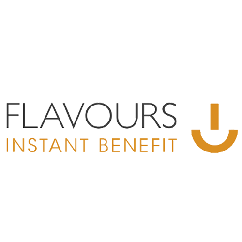 Logo gris et orange avec le texte « Flavours Instant Benefit » accompagné d'un symbole en forme de sourire.