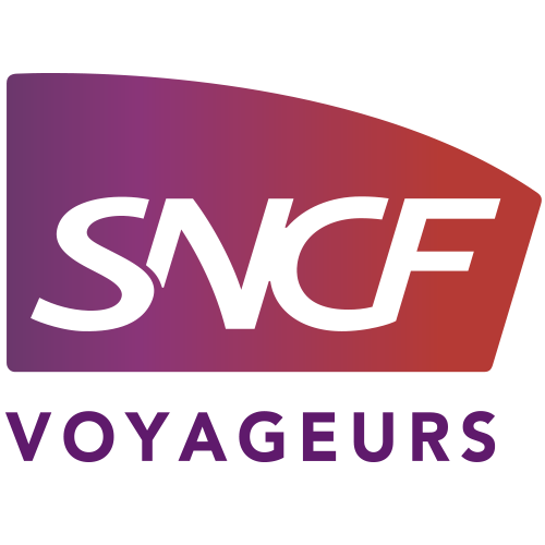 Logo carré dégradé violet et rouge avec le mot SNCF en blanc et VOYAGEURS dessous en violet.