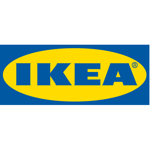 Logo IKEA avec texte bleu sur fond ovale jaune entouré d'un rectangle bleu.