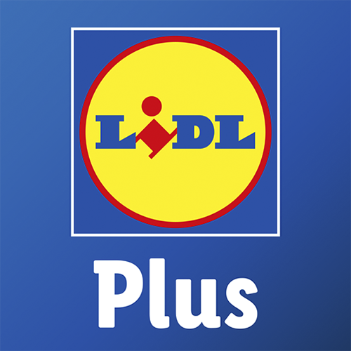 Logo circulaire jaune et rouge de Lidl avec le mot « Plus » en blanc sur fond bleu.