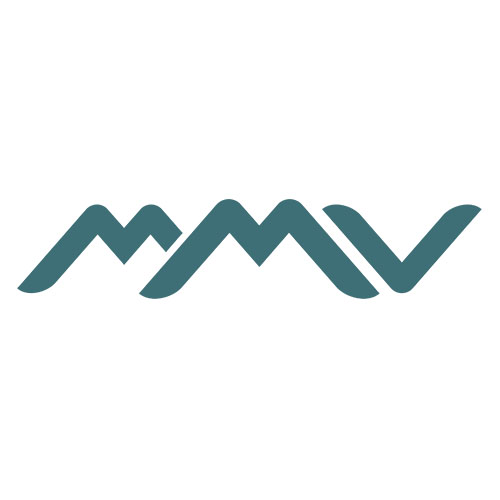 Logo turquoise du groupe MMV affichant trois lettres stylisées en forme de montagnes.