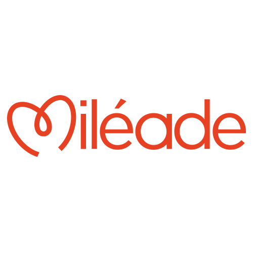 Logo rouge Miléade avec un M stylisé formant un cœur sur fond blanc.
