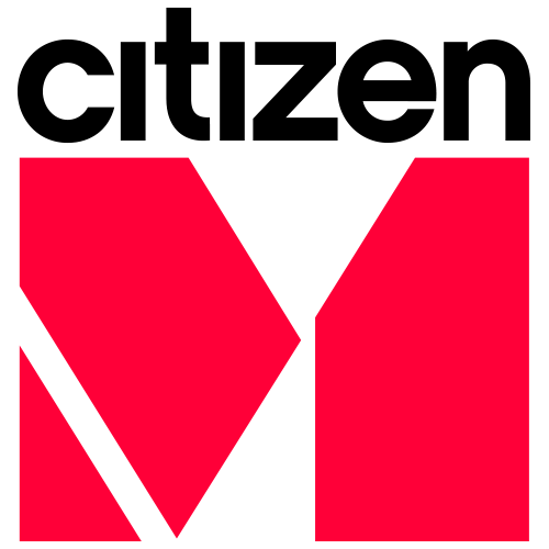 Logo avec un grand M rouge stylisé sur fond blanc et forme noire au-dessus.