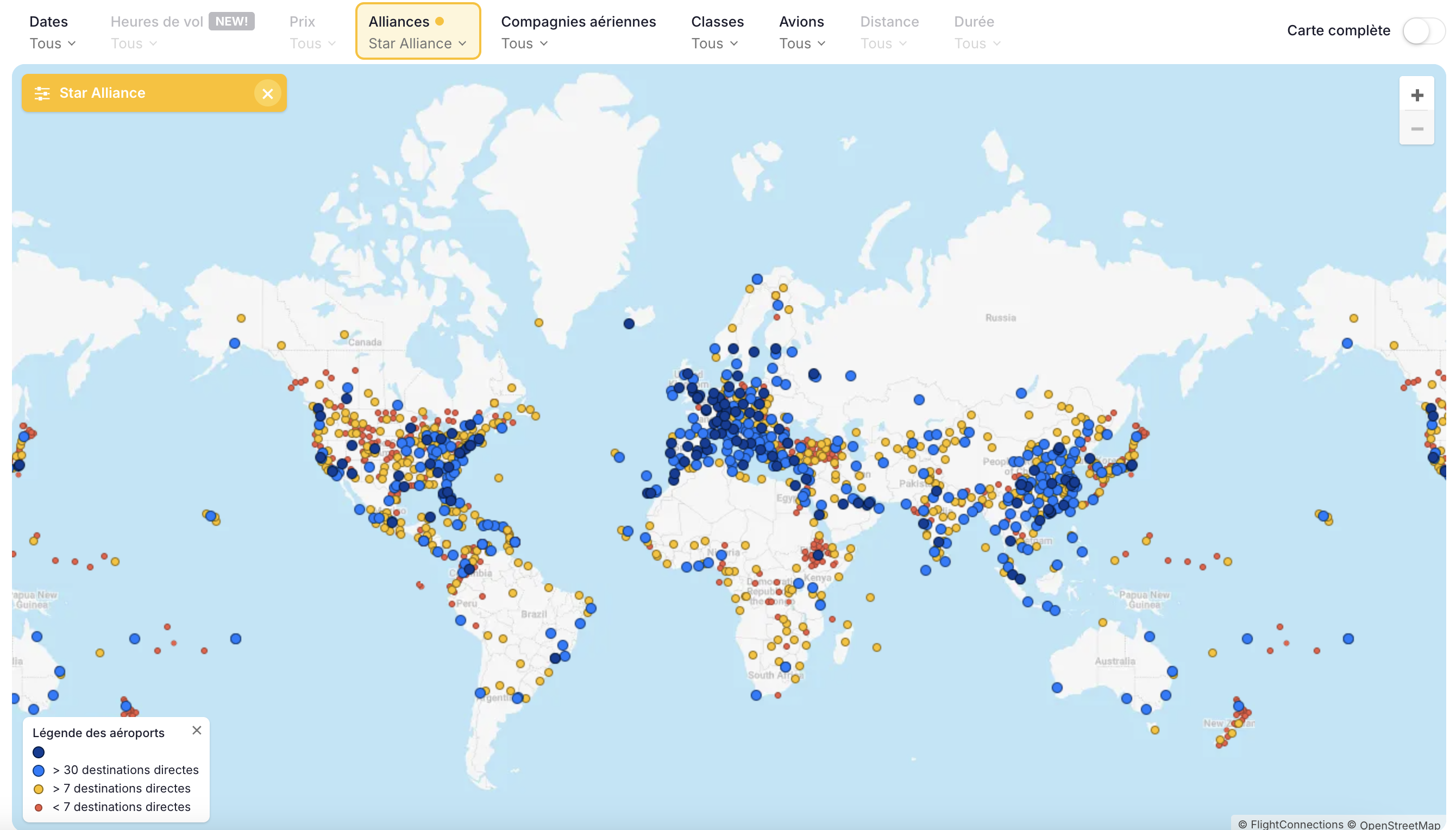 Carte mondiale affichant les aéroports desservis par les compagnies membres de l’alliance Star Alliance