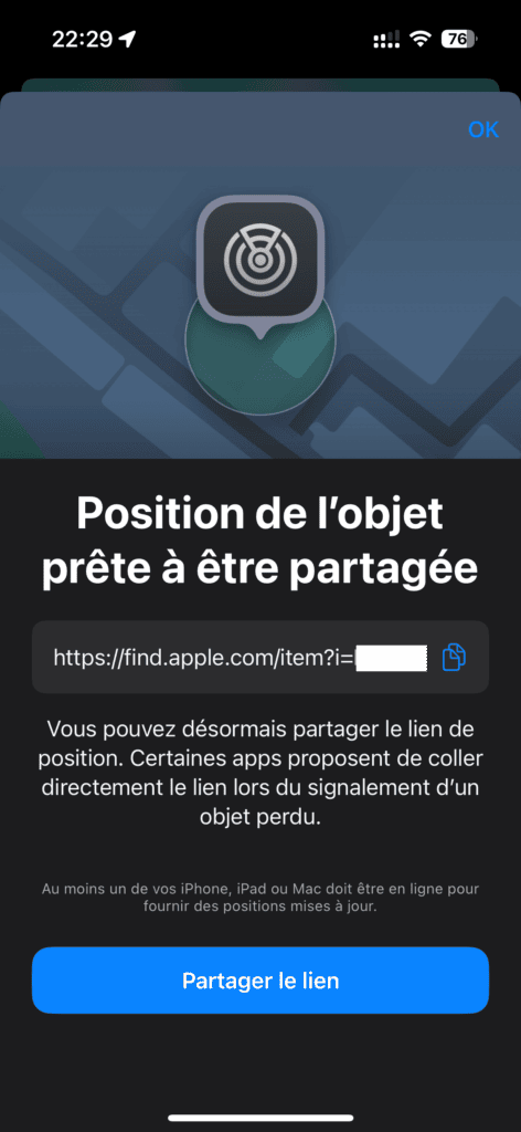 AirTag, Position de l'objet prête à être partagée