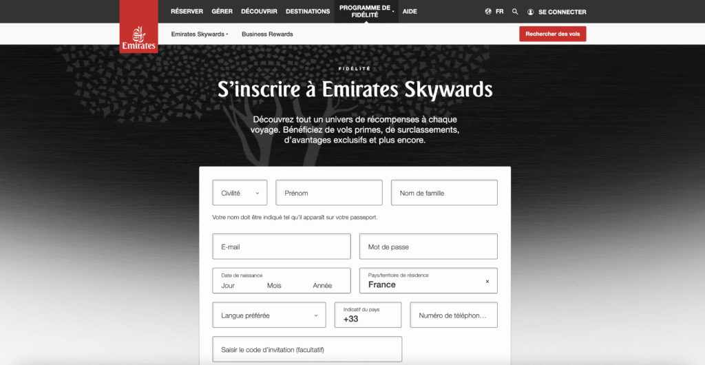 S'inscrire à Emirates Skywards