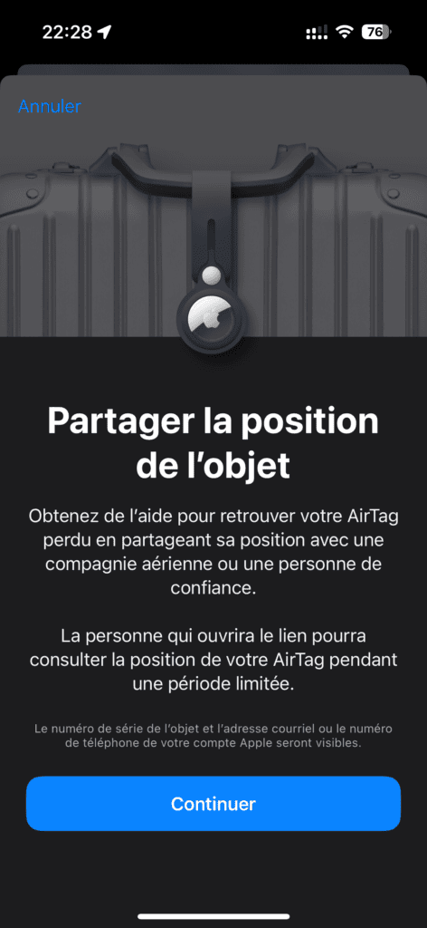 AirTag, Partager la position de l'objet