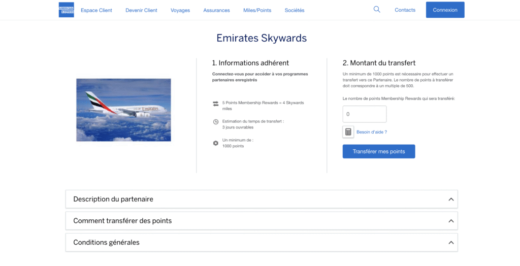 Transfert Points American Express Membership Rewards vers le programme de fidélité Emirates Skywards
