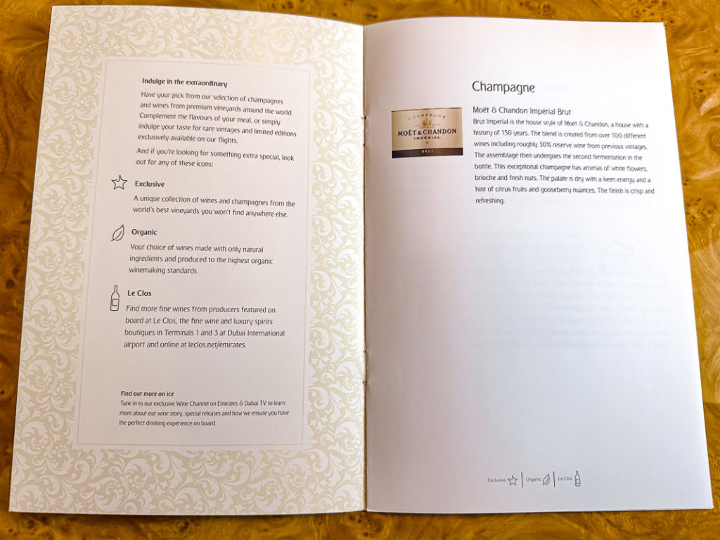 Menu Classe Affaires Emirates A380