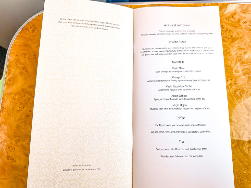 Menu Classe Affaires Emirates A380