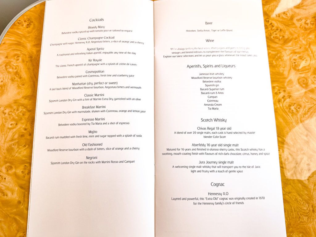Menu Classe Affaires Emirates A380