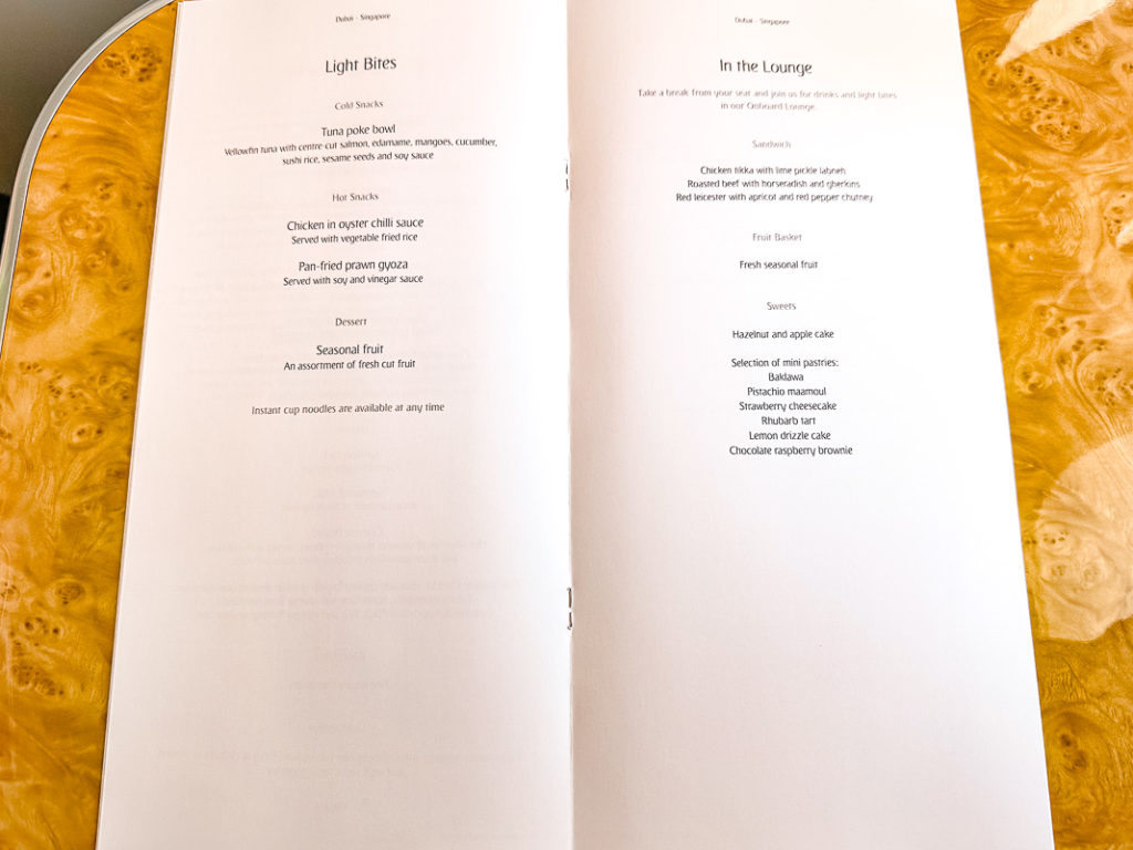 Menu Classe Affaires Emirates A380
