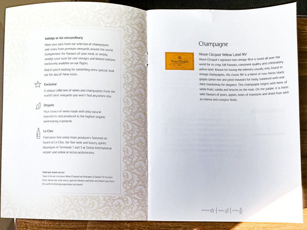 Menu Classe Affaires Boeing 777 Emirates