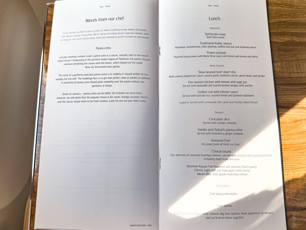 Menu Classe Affaires Boeing 777 Emirates
